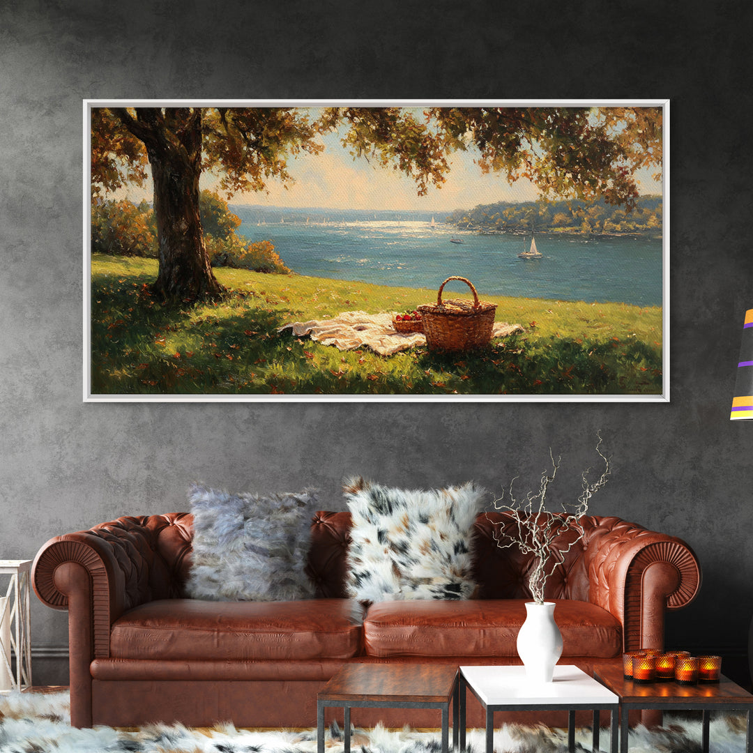 Sunlit Picnic Scene Overlooking Blue Lake With Sailboats Wall Art Framed Canvas Print Coastal Decor