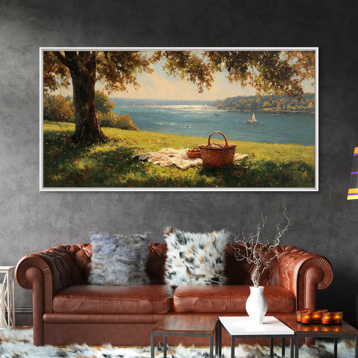 Sunlit Picnic Scene Overlooking Blue Lake With Sailboats Wall Art Framed Canvas Print Coastal Decor