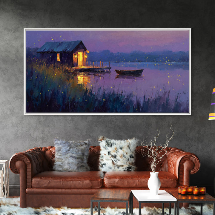 Romantic Evening Lakeside Cabin Oil Painting Wall Art With Fireflies Charming Landscape Decor