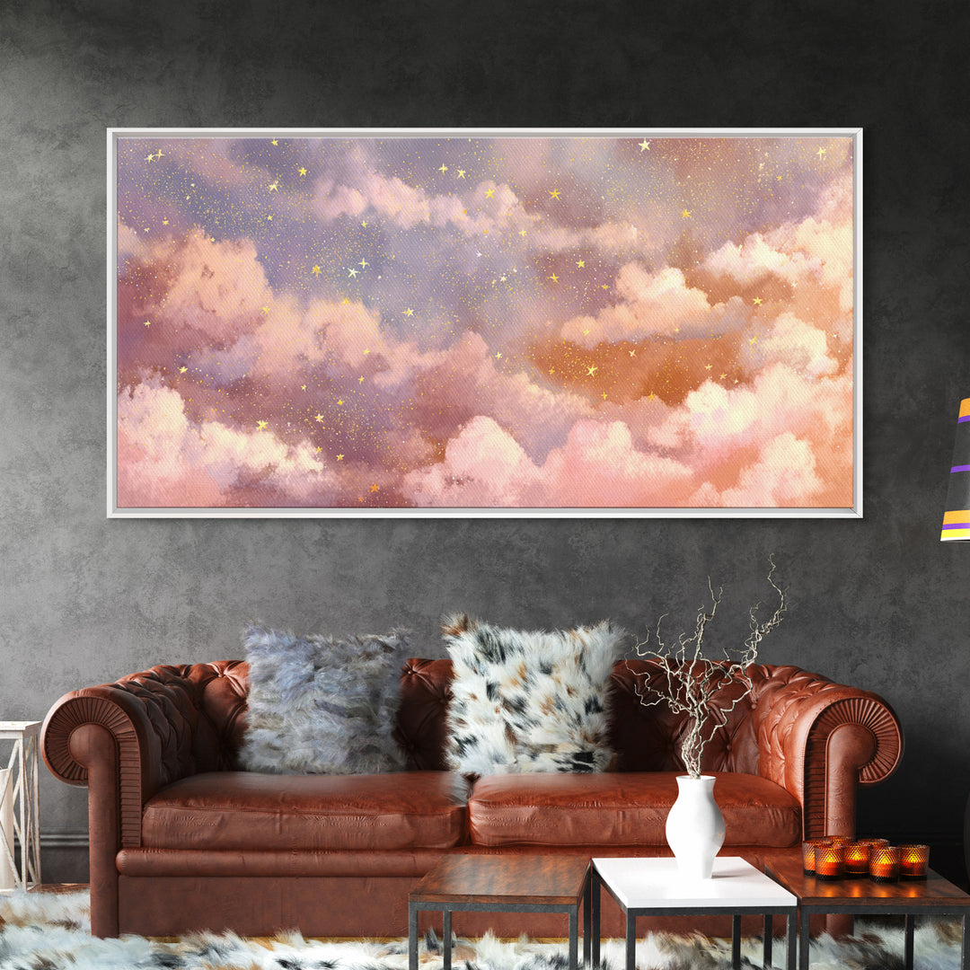Pastel Celestial Clouds And Gold Stars Canvas Print, Dreamy Nursery Wall Art, Whimsical Decor, Bedroom Wall Decor, Gift For Her