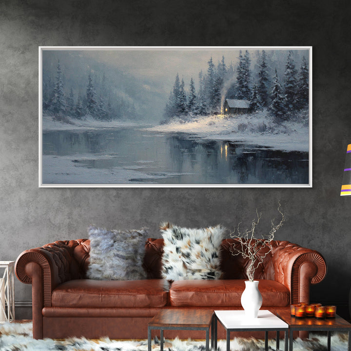 Cozy Cabin In Snow Winter Landscape Painting Oil On Canvas Framed Canvas Print For Home Decor