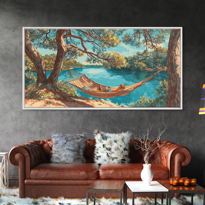 Relaxing Lake Scene With Hammock And Man Reading Wall Art Painting Canvas Print For Tranquil Bedroom Or Living Room Decor
