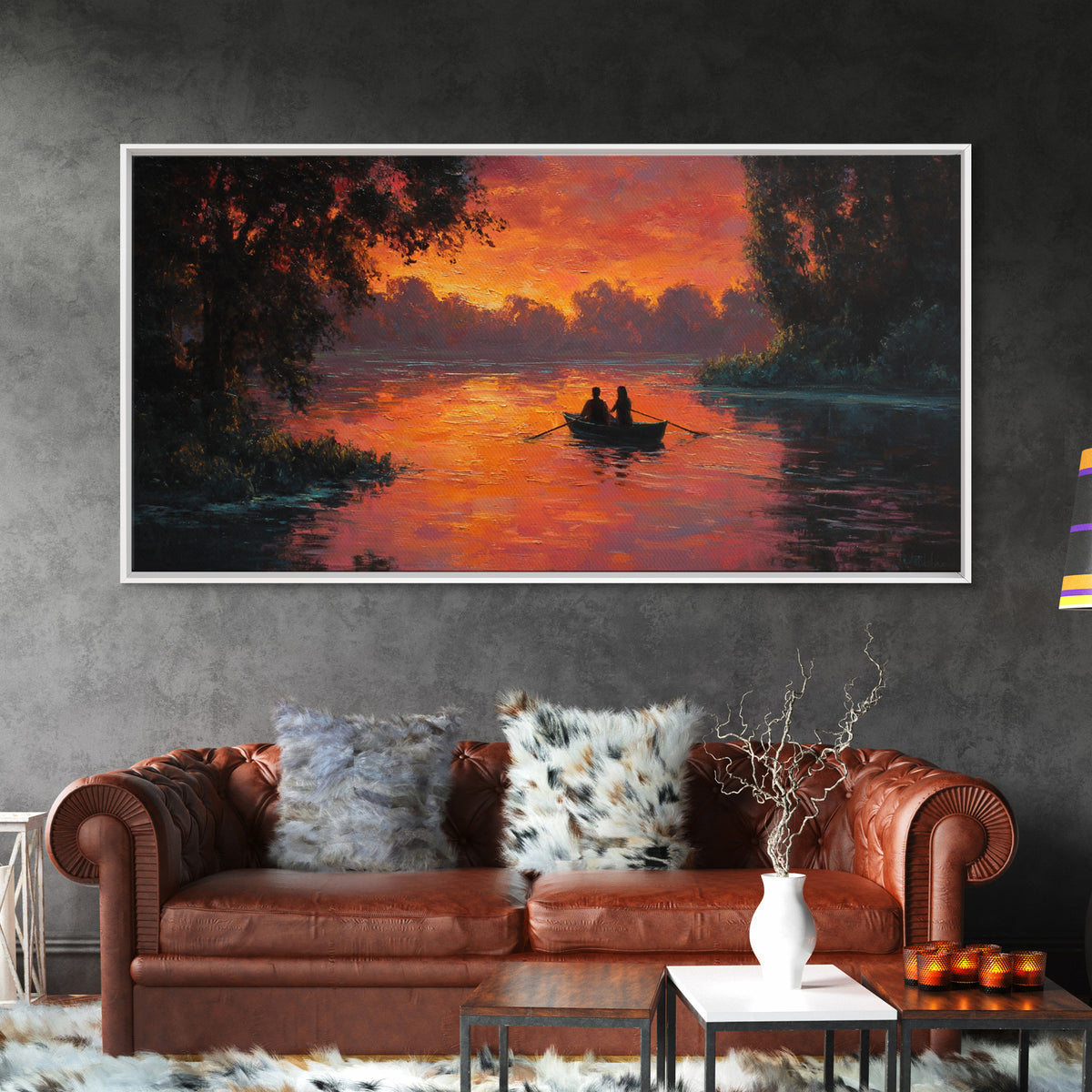 Romantic Couple In Rowboat At Fiery Sunset Lake Scene Oil Painting Wall Art Ideal For Cozy Bedroom Decor Or Rustic Living Room Framed Canvas Print