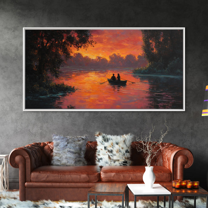 Romantic Couple In Rowboat At Fiery Sunset Lake Scene Oil Painting Wall Art Ideal For Cozy Bedroom Decor Or Rustic Living Room Framed Canvas Print