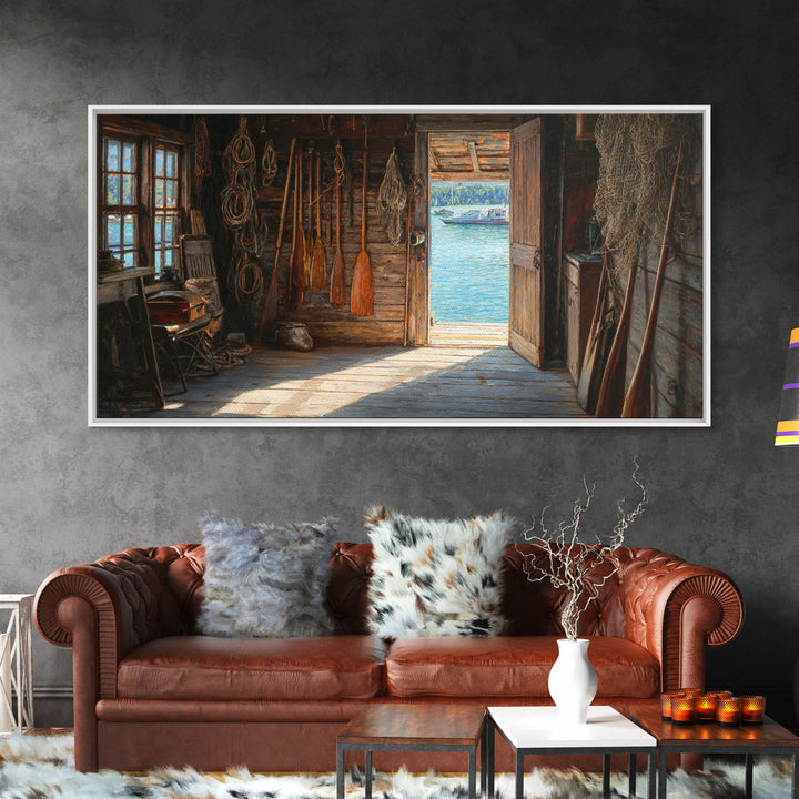 Rustic Fishing Shack Interior With Oars And Nets Oil Painting Wall Art For Coastal And Nautical Home Decor