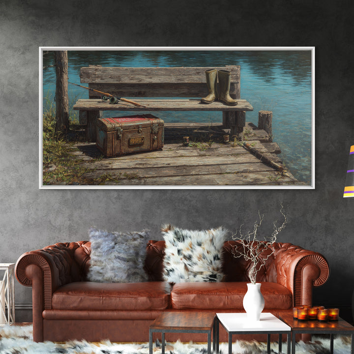 Rustic Fishing Dock With Boots And Rods Oil Painting Rustic Wall Art Framed Canvas Print For Cabin Decor And Nature Lovers