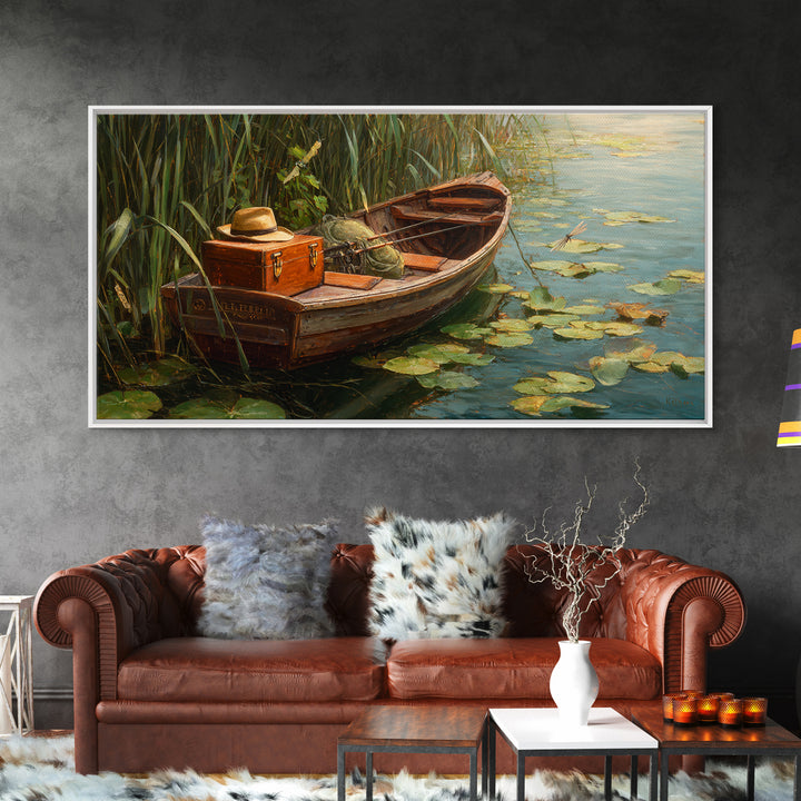 Rustic Lake Sunset Landscape With Adirondack Chairs Oil Painting Framed Canvas Print Wall Art