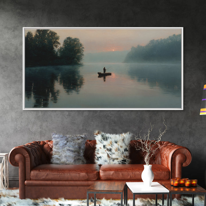 Serene Fisherman In Early Morning Mist Over Glassy River Original Oil Painting Wall Art For Living Room Decor
