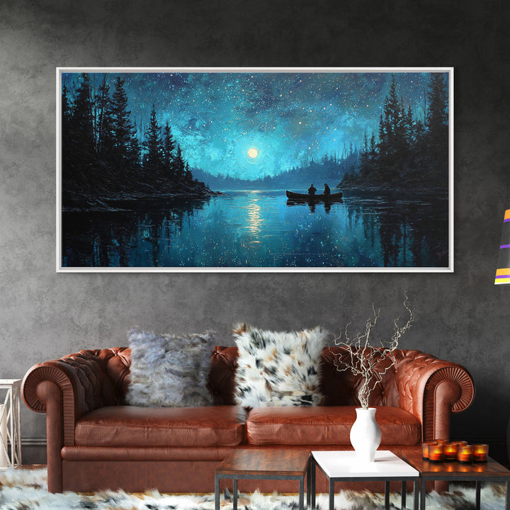 Starry Night Landscape With Canoeists On A Moonlit Lake Original Oil Painting Wall Art