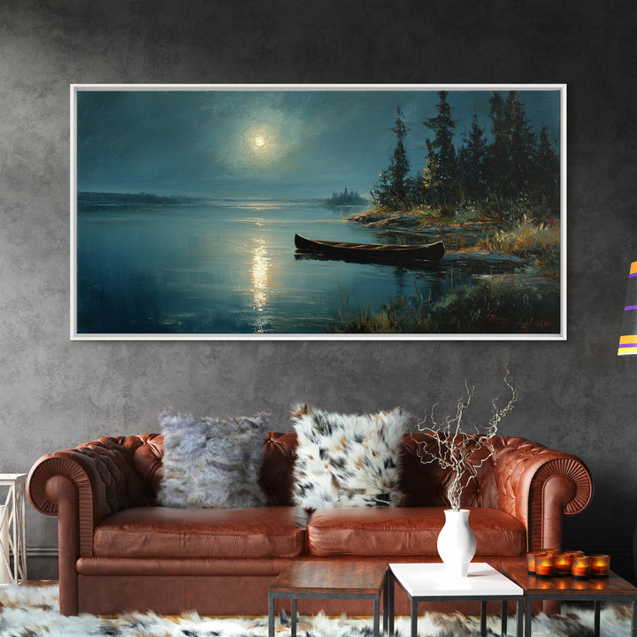 Calm Moonlit Lake Scene With Canoe And Forest Landscape Original Painting Wall Art Canvas Print Home Decor