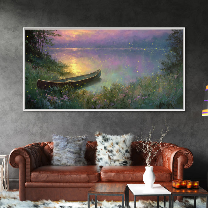 Serene Canoe On Misty Lake With Fireflies At Twilight Framed Canvas Print Tranquil Landscape Wall Art