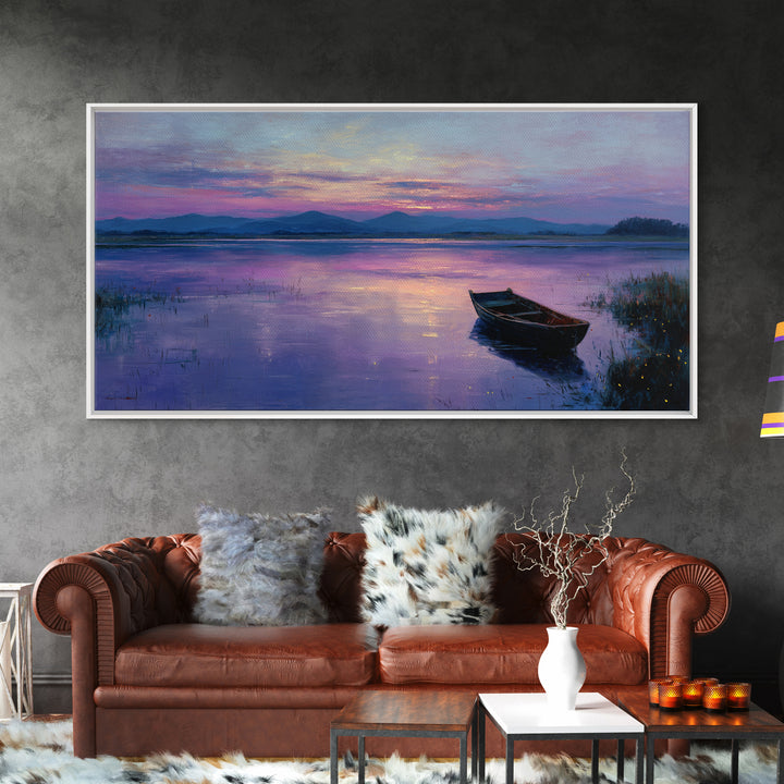 Peaceful Sunrise With Boat On Calm Lake Landscape Painting Large Wall Art For Living Room