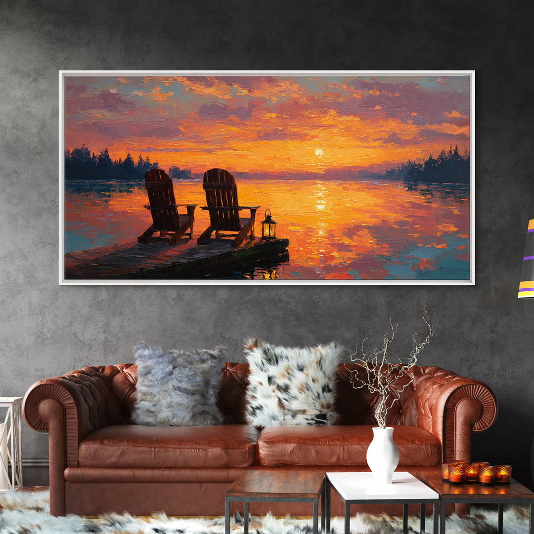 Warm Glowing Sunset With Adirondack Chairs On Lake Dock Tranquil Landscape Oil Painting Wall Art Framed Canvas Print For Cozy Home Decor