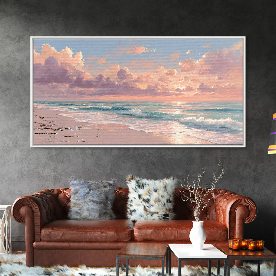 Pink Cloud Beach Sunrise Framed Canvas Print, Coastal Wall Art, Ocean Waves Seascape, Beach House Decor, Living Room Decor
