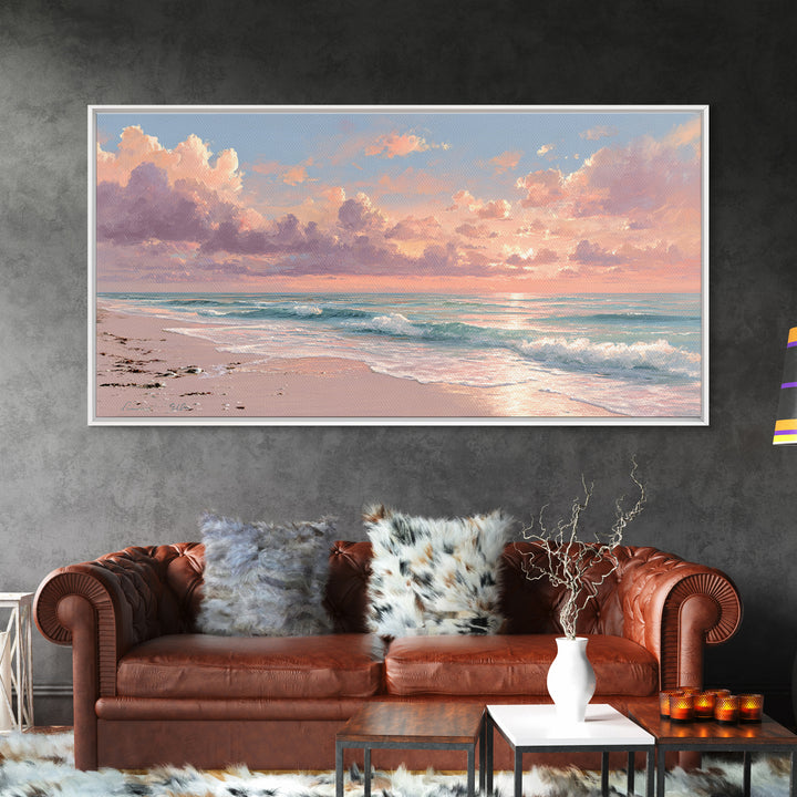 Pink Cloud Beach Sunrise Framed Canvas Print, Coastal Wall Art, Ocean Waves Seascape, Beach House Decor, Living Room Decor
