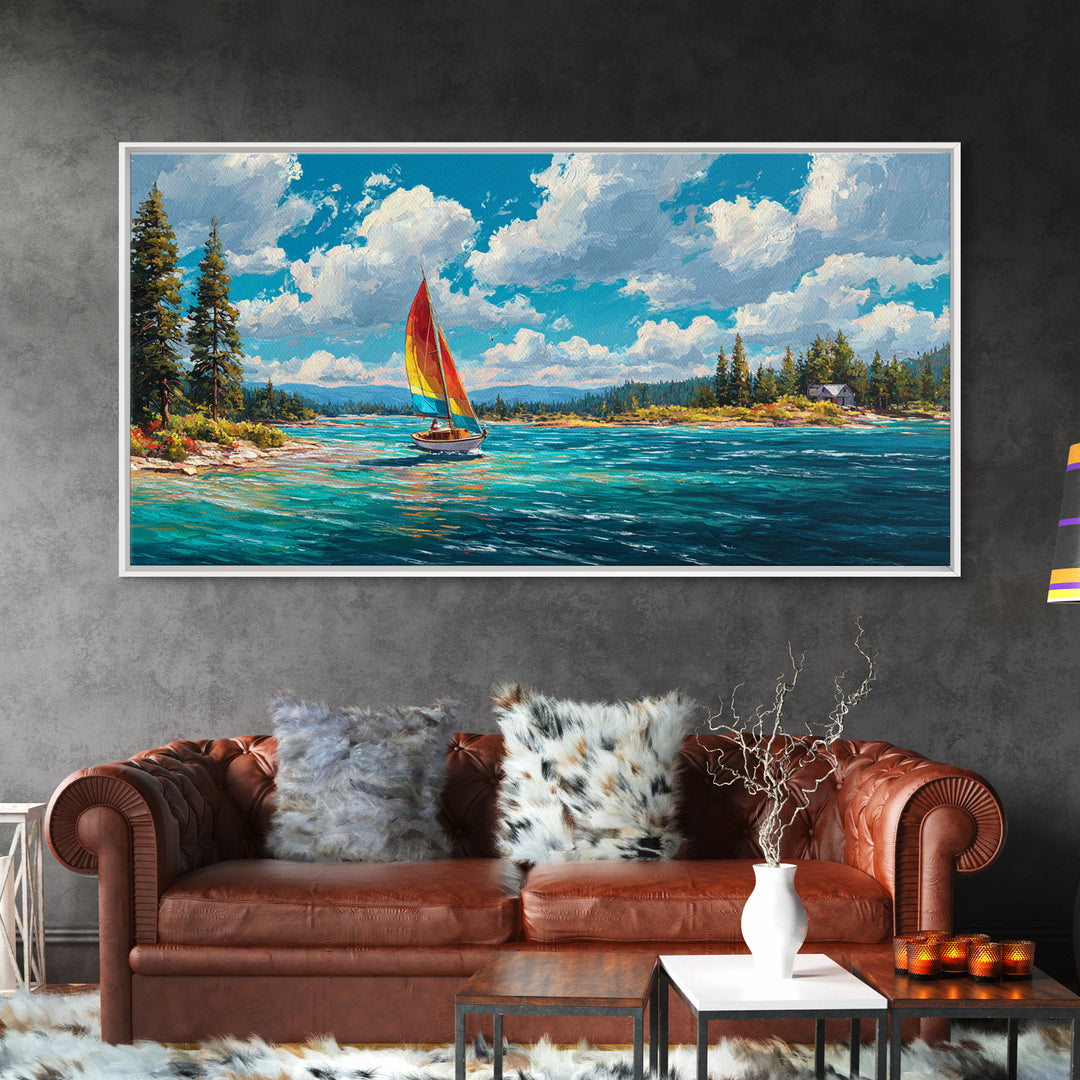 Vibrant Abstract Coastal Scene Sailing Boat Oil Painting Canvas Print Wall Art Beach Home Decor Large Wall Art Bright Wall Decoration