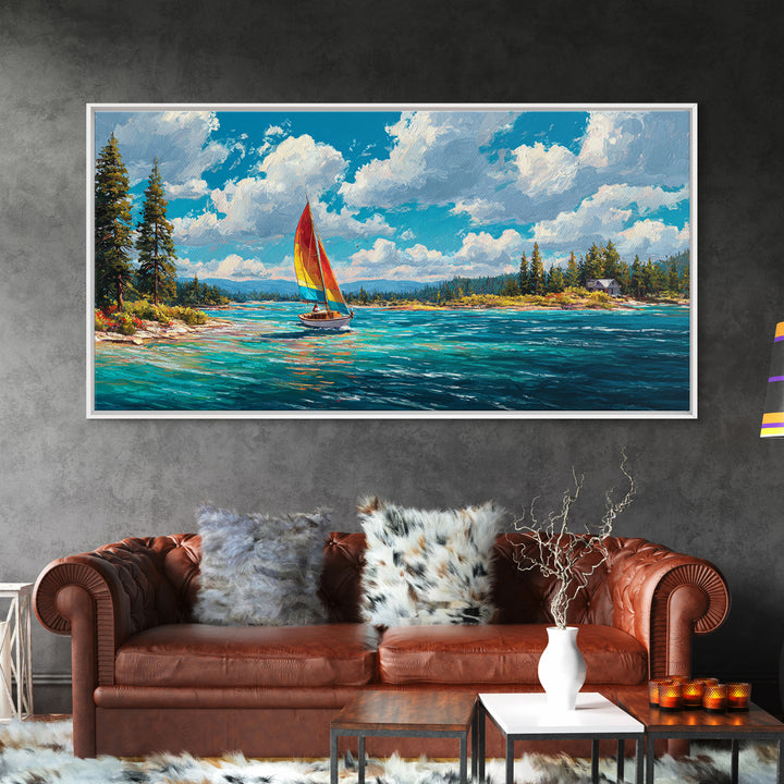 Vibrant Abstract Coastal Scene Sailing Boat Oil Painting Canvas Print Wall Art Beach Home Decor Large Wall Art Bright Wall Decoration
