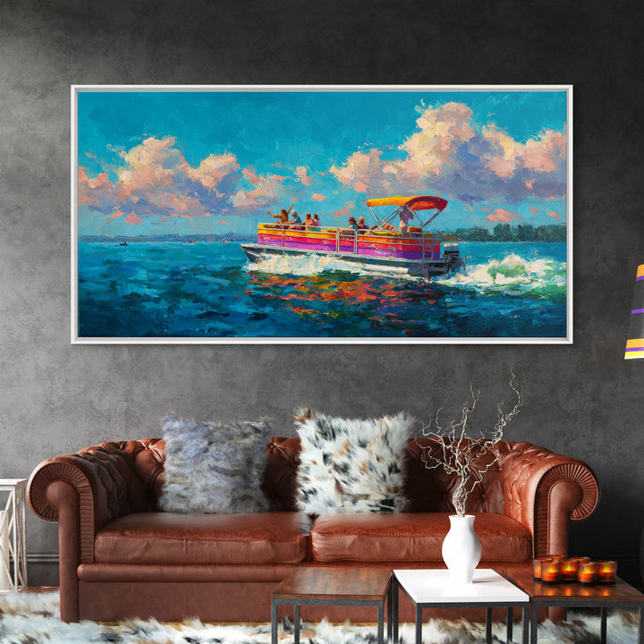 Vibrant Party Boat At Sea With Cheerful Passengers At Sunset Wall Art Framed Canvas Print Bright Colorful Coastal Decor