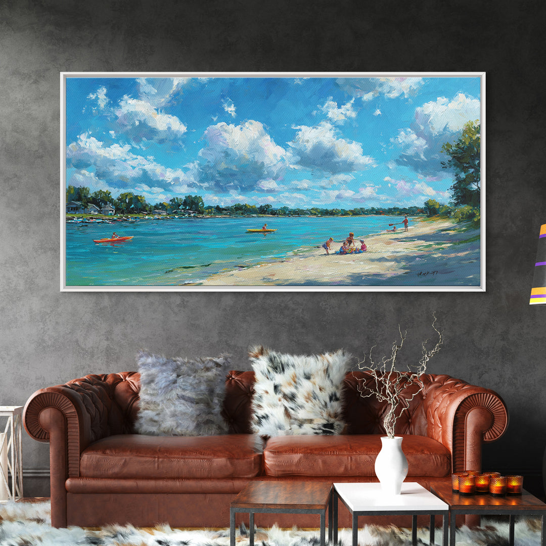 Beautiful Vibrant Oil Painting Of Lake Scene With Kayakers And Blue Sky Canvas Print Large Wall Art Home Decor Living Room Wall Art