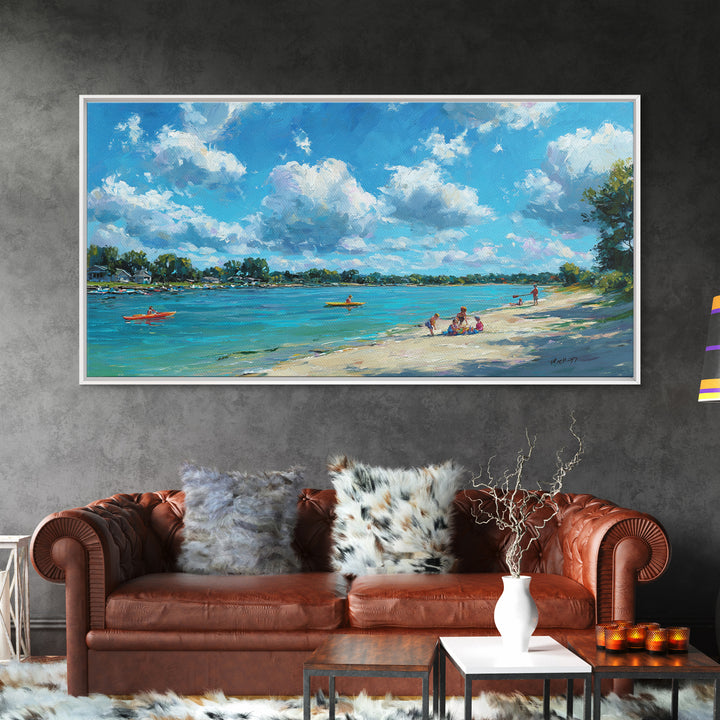 Beautiful Vibrant Oil Painting Of Lake Scene With Kayakers And Blue Sky Canvas Print Large Wall Art Home Decor Living Room Wall Art