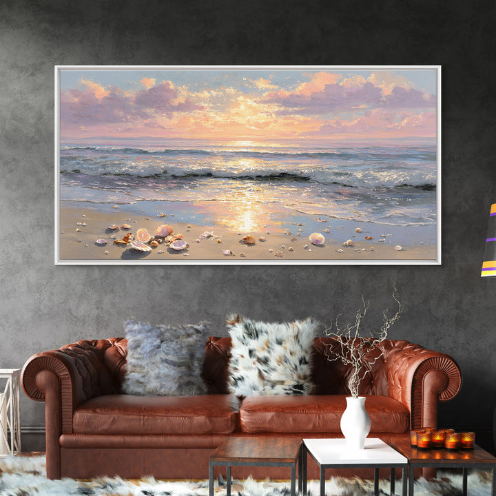 Glowing Seashell Ocean Sunrise Canvas Print, Coastal Wall Art, Beach House Decor, Nautical Seascape, Gift For Her, Living Room Art