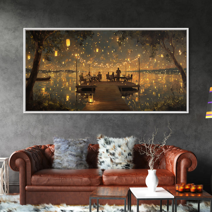 Romantic Evening Dinner On Lake Pier With Lanterns Glowing Warm Light Canvas Print Home Decor Wall Art