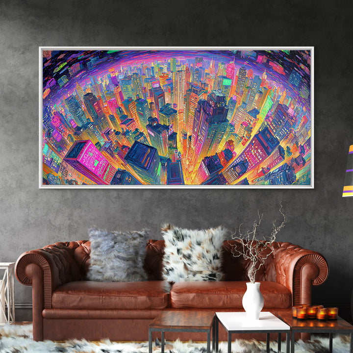 Vibrant Cityscape At Night With Neon Lights Wall Art Framed Canvas Print Modern Urban Wall Decor