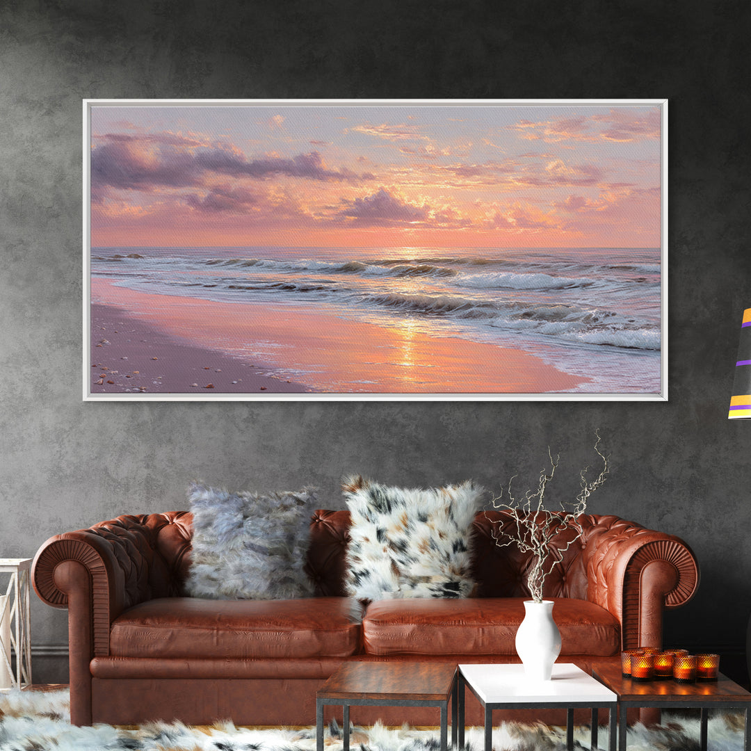 Pink Sunset Ocean Waves Wall Art, Romantic Coastal Decor, Beach House Seascape Canvas, Large Living Room Wall Art, Gift For Her