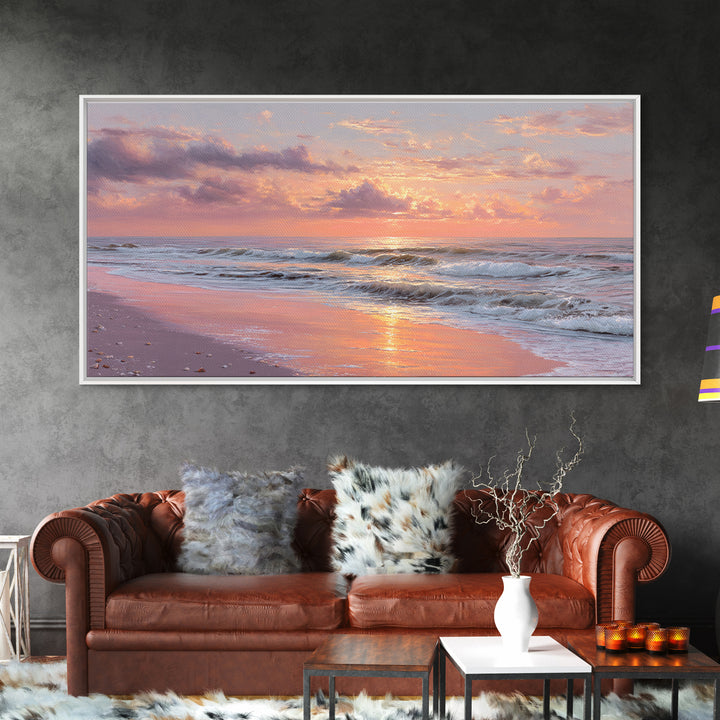 Pink Sunset Ocean Waves Wall Art, Romantic Coastal Decor, Beach House Seascape Canvas, Large Living Room Wall Art, Gift For Her