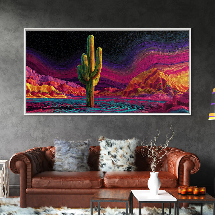 Surreal Abstract Cactus Landscape With Neon Colorful Sky And Textured Brushstrokes Canvas Print Modern Wall Art For Living Room