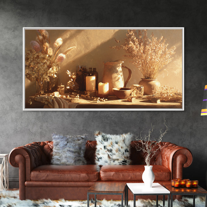 Golden Candle Dried Flower Still Life Wall Art, Neutral Wabi Sabi Decor, Rustic Home Decor, Cozy Framed Canvas Print, Gift