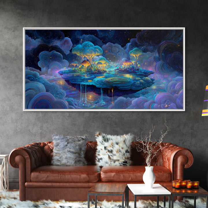Vibrant Purple Night Bridge With City Lights Reflected On Water Large Wall Art Framed Canvas Print Modern Urban Home Decor