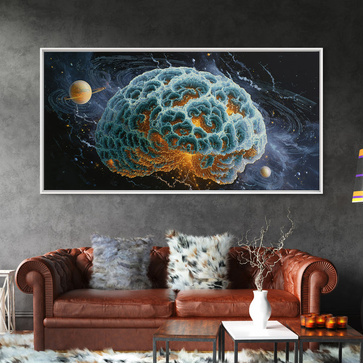 Surreal Cosmic Brain With Orbiting Planets And Vibrant Details Abstract Digital Wall Art Framed Canvas Print For Modern Home Decor