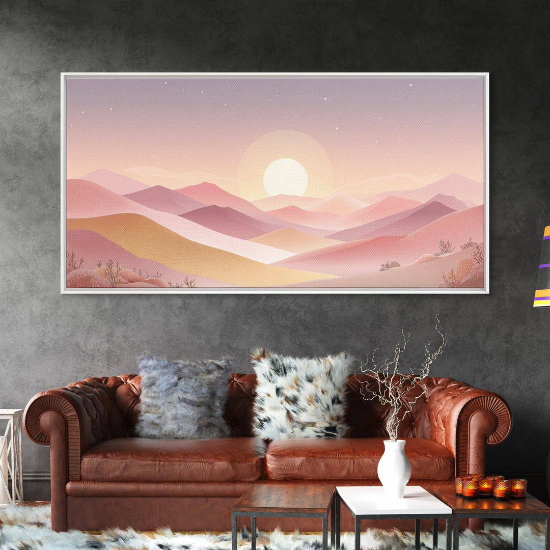 Pastel Layered Mountain Sunrise Wall Art, Minimalist Landscape, Pink Boho Decor, Nursery Art Print, Modern Home Decor Gift