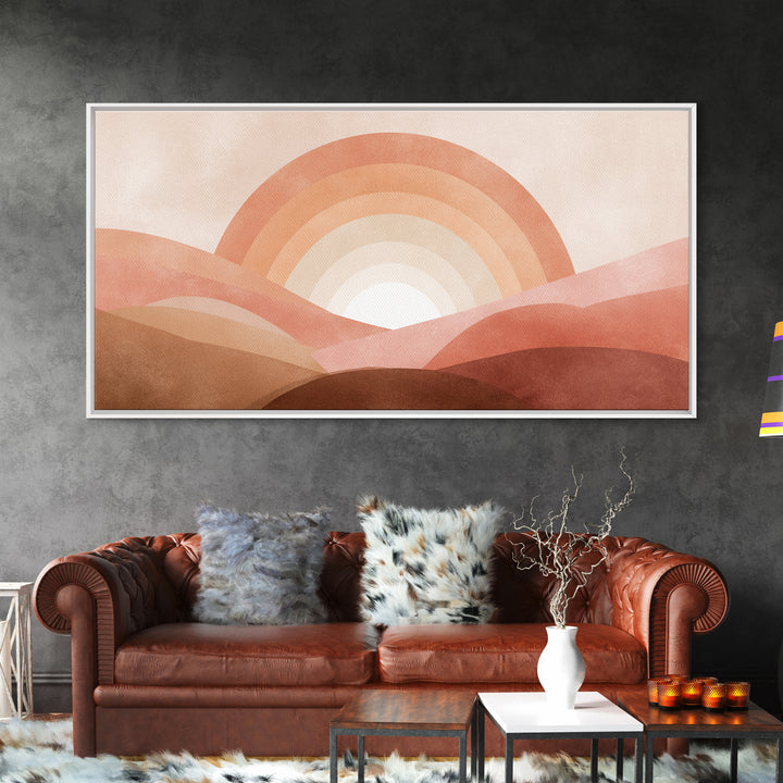 Terracotta Sunrise Over Abstract Desert Hills Wall Art, Boho Rainbow Landscape Print, Earth Tone Decor, Warm Minimalist Canvas