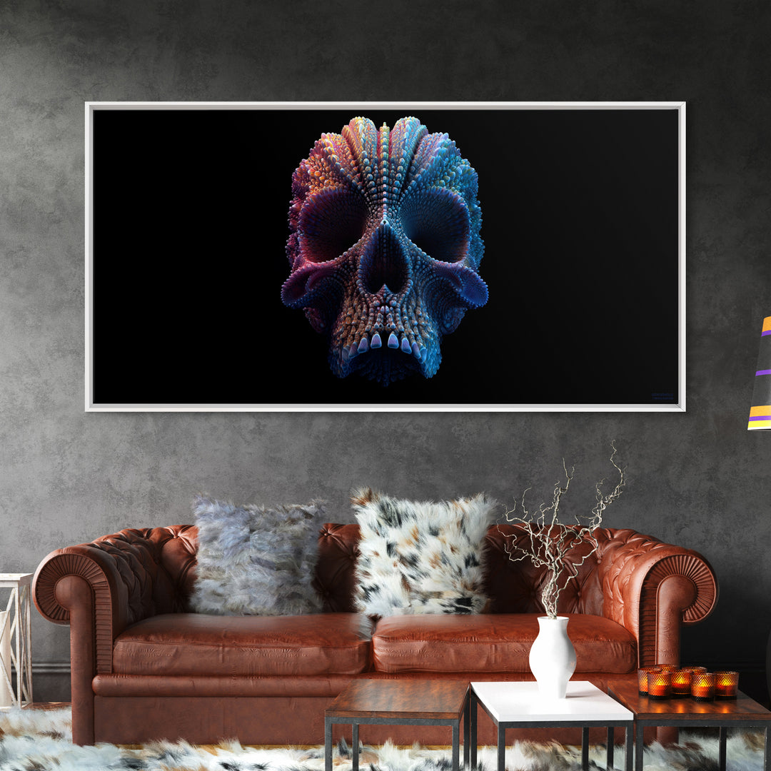 3D Digital Art Skull Sculpture In Moody Blue And Purple Tones Dark Abstract Wall Art Canvas Print For Gothic Home Decor