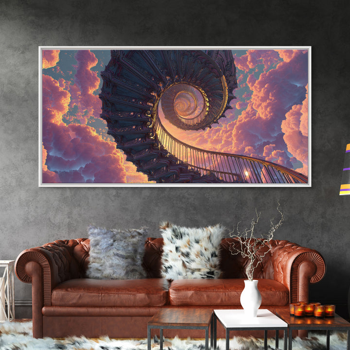 Surreal Spiral Staircase To Sunset Sky With Warm Clouds Canvas Print Dreamy Wall Art For Home Decor