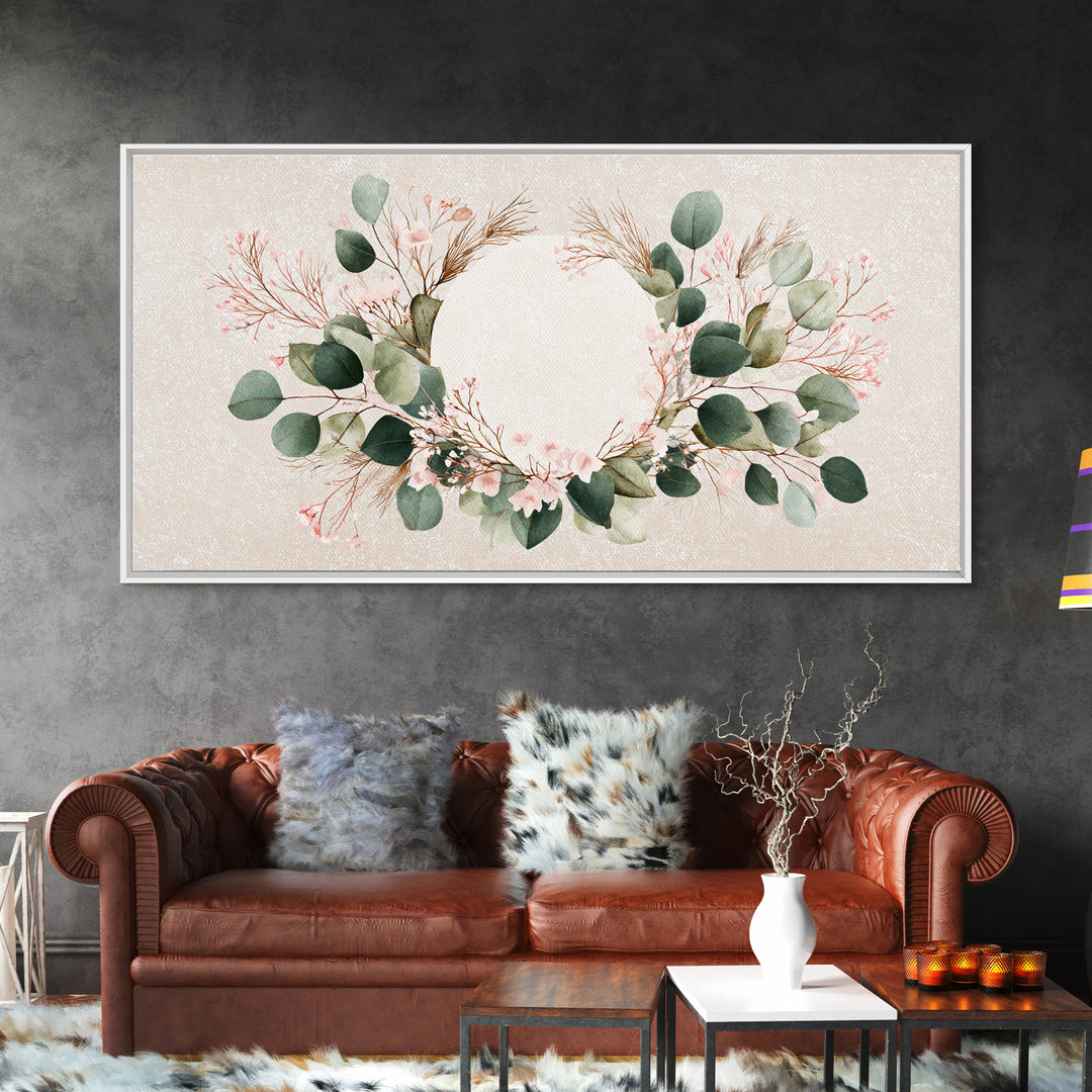 Eucalyptus Floral Wreath Wall Art, Botanical Greenery Print, Neutral Boho Home Decor, Living Room Above Bed Horizontal Canvas