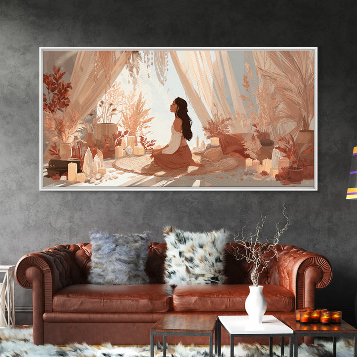 Sunlit Boho Meditation Room With Woman And Crystals Canvas Print, Spiritual Yoga Decor, Serene Feminine Wall Art Gift For Her