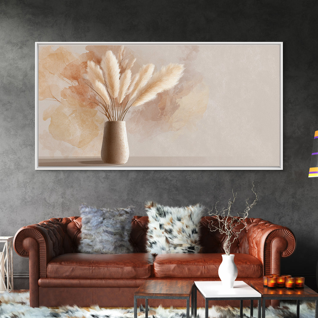 Neutral Pampas Grass Vase With Soft Beige Abstract Canvas Print, Minimalist Botanical Wall Art, Cozy Japandi Home Decor Print