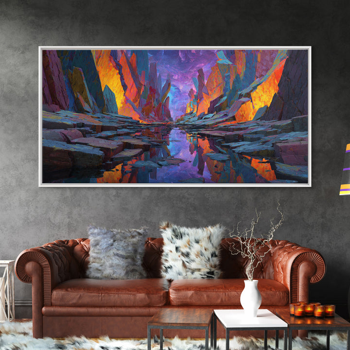 Vibrant Surreal Landscape With Fiery Rock Formations Reflected In Water Large Wall Art Framed Canvas Print