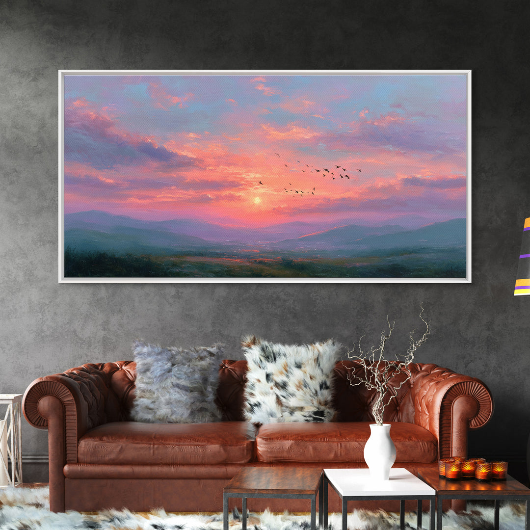 Pink Sunset Mountain Valley Landscape Canvas Print, Misty Nature Wall Art, Large Living Room Decor, Peaceful Housewarming Gift