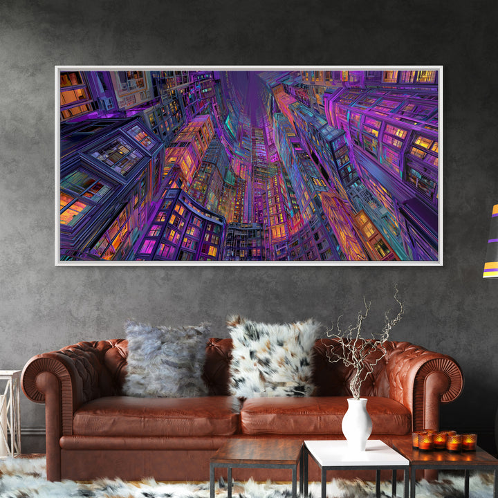 Vibrant Neon Cityscape With Tall Skyscrapers Artistic Wall Art Print, Colorful Urban Home Decor, Modern Framed Canvas Print