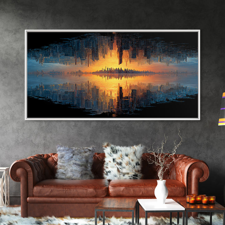 Abstract Cityscape Digital Painting Featuring Inverted Skyline And Sunset Reflection, Canvas Print For Modern Wall Art And Home Decor