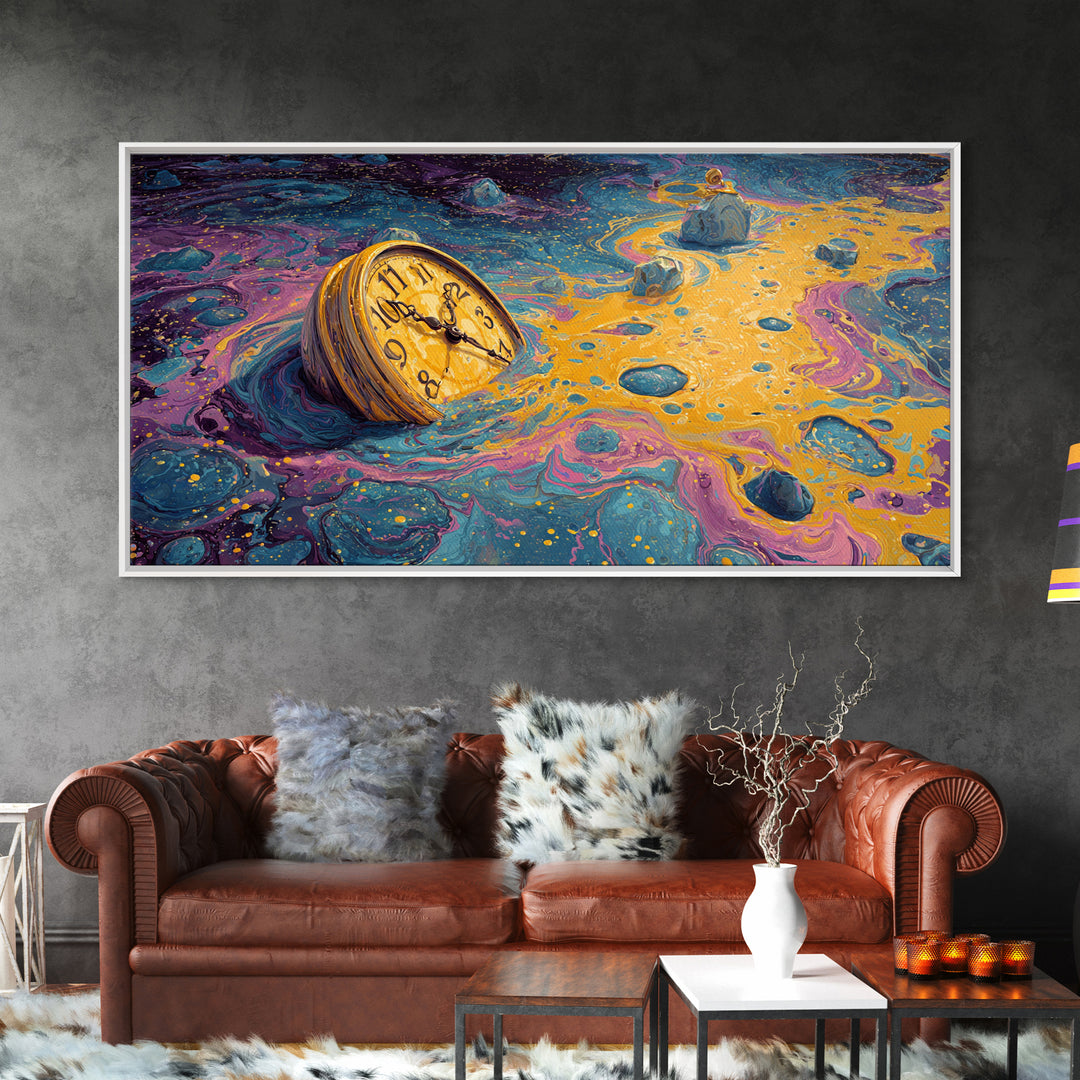 Surreal Abstract Time Melting Clock In Vibrant Blue And Gold Swirling Colors Contemporary Wall Art Printed Canvas Print