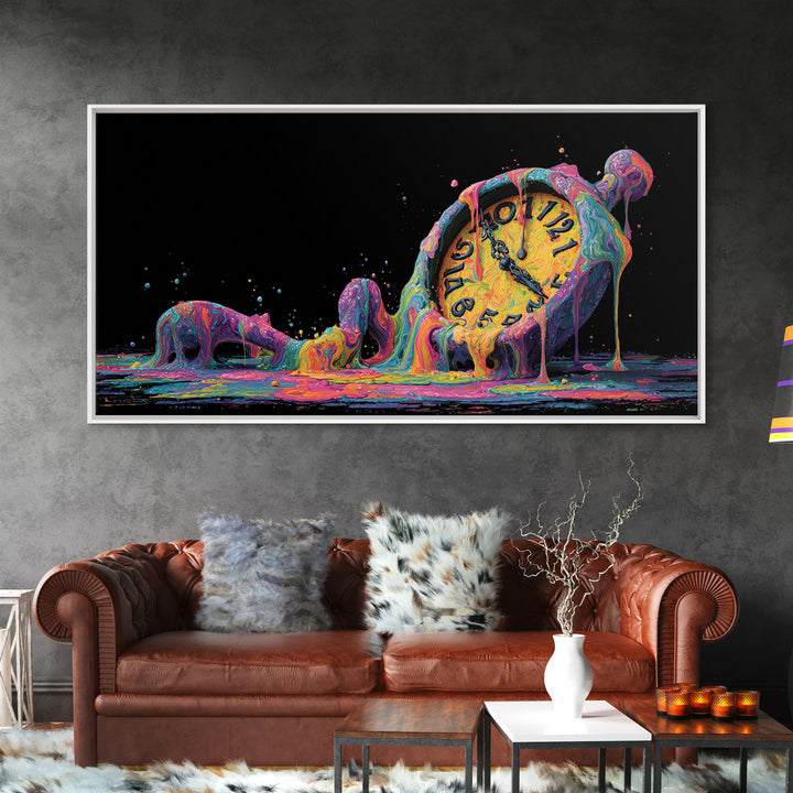 Melting Colorful Clock Surreal Wall Art Framed Canvas Print Abstract Art Home Decor Unique Gift