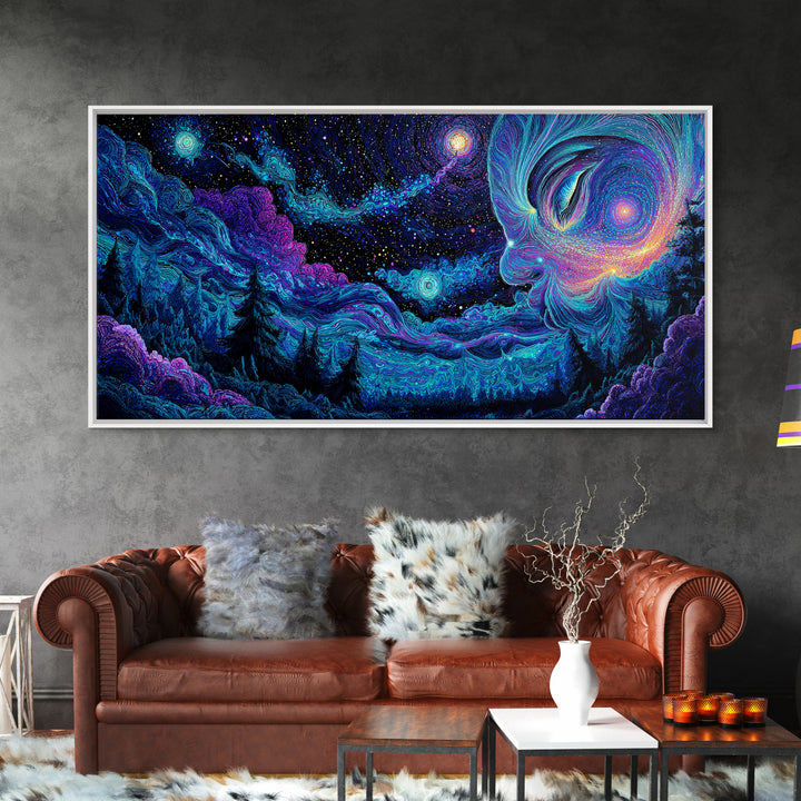 Enchanting Cosmic Blue Night Sky With Celestial Woman Figure Painting, Mystical Wall Art, Canvas Print For Spiritual and Meditation Decor
