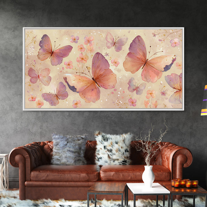 Blush Pink Butterflies And Tiny Flowers Wall Art, Pastel Canvas Print, Whimsical Nursery Bedroom Decor, Feminine Gift For Her