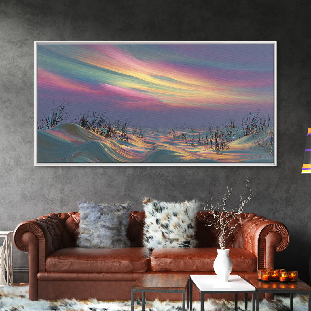 Vast Desert Prairie Landscape With Wagon And Distant Mountain Range Framed Canvas Print Rustic Wall Art For Country Home Decor