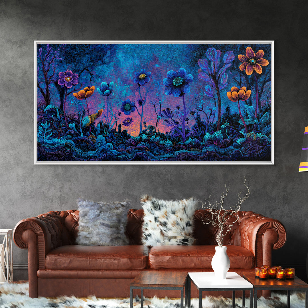 Whimsical Blue And Purple Flowers Digital Painting Vibrant Floral Wall Art Framed Canvas Print For Bedroom Or Living Room Decor